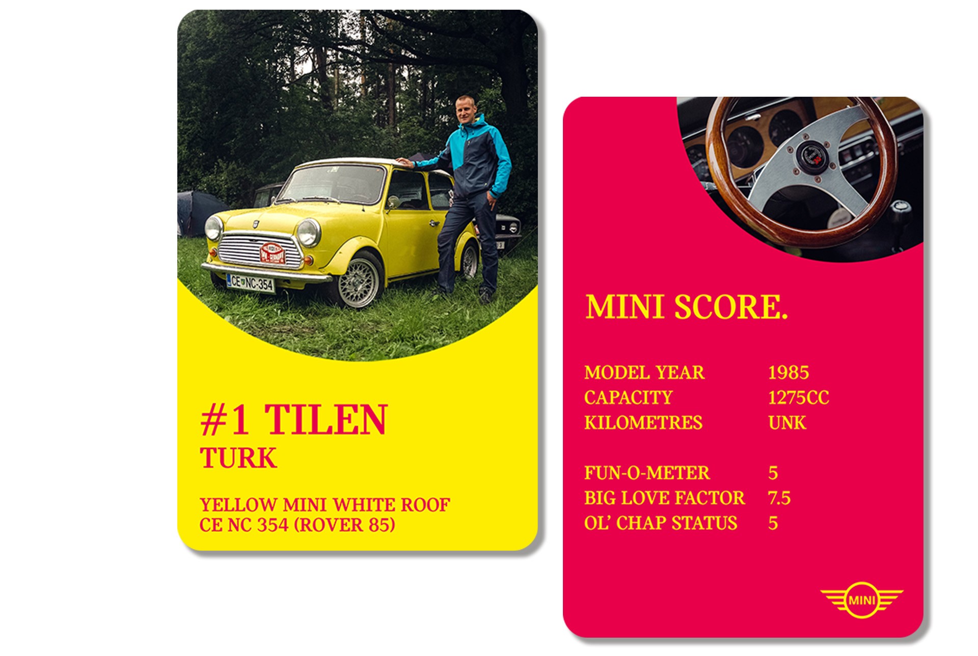 Front of playing card: Owner Tilen Turk stands beside his 1985 Rover Mini, placing a hand on the white roof. Back of card: MINI SCORE: MODEL YEAR: 1985 / CAPACITY: 1275cc / KILOMETRES: Unknown / FUN-O-METER: 5 / BIG LOVE FACTOR: 7.5 / OL’ CHAP STATUS: 5
